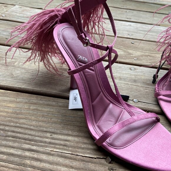 ZARA Mauve Pink Satin Feather Embellished High Stiletto Heel Strappy Sandals 40 - Picture 6 of 11